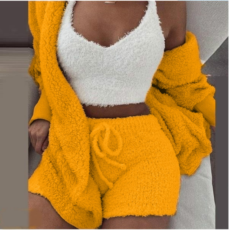 Pyjama chaud en peluche pour femme, 3 pièces, vêtements de maison, décontracté, gilet à manches longues, haut court, pantalon court et manteau, v
