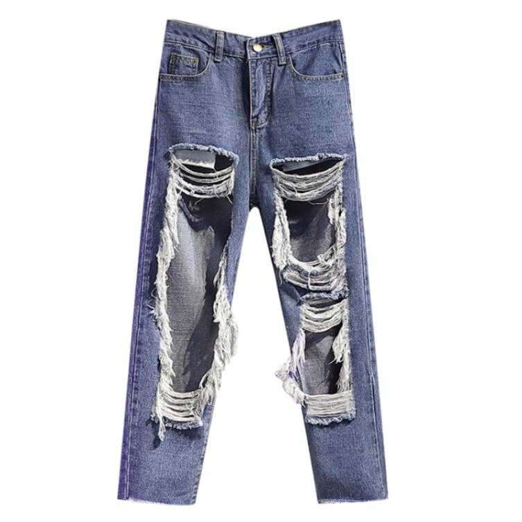 

plus size 5XL!Spring summer big hole beggar jeans women straight ankle length jeans, Blue
