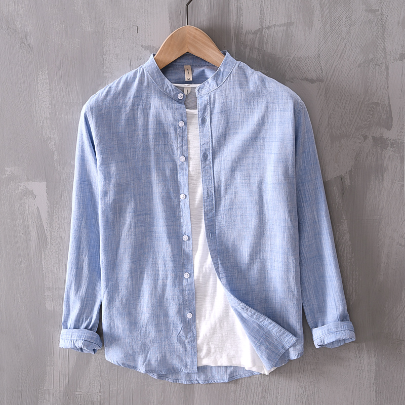 

Pure cotton new arrival stand collar blue shirt men long sleeve spring solid shirts for men casual fashion shirt mens chemise, Gray