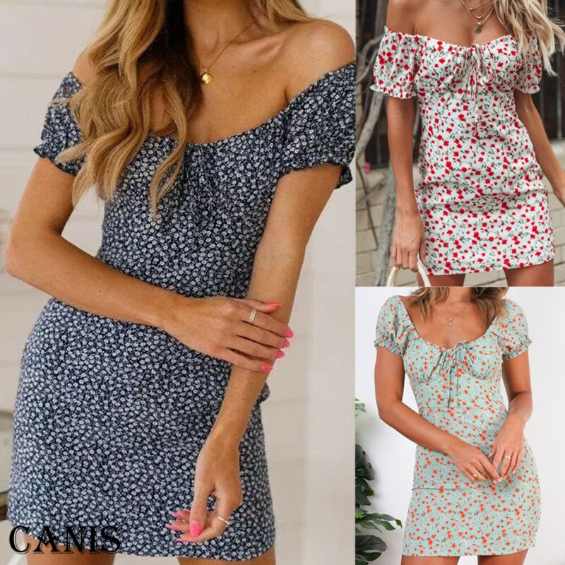 

Women' Boho Summer Short Dress Off shoulder Floral Beach Mini Dress Sundress Off Shoulder Bodycon Sexy, Green