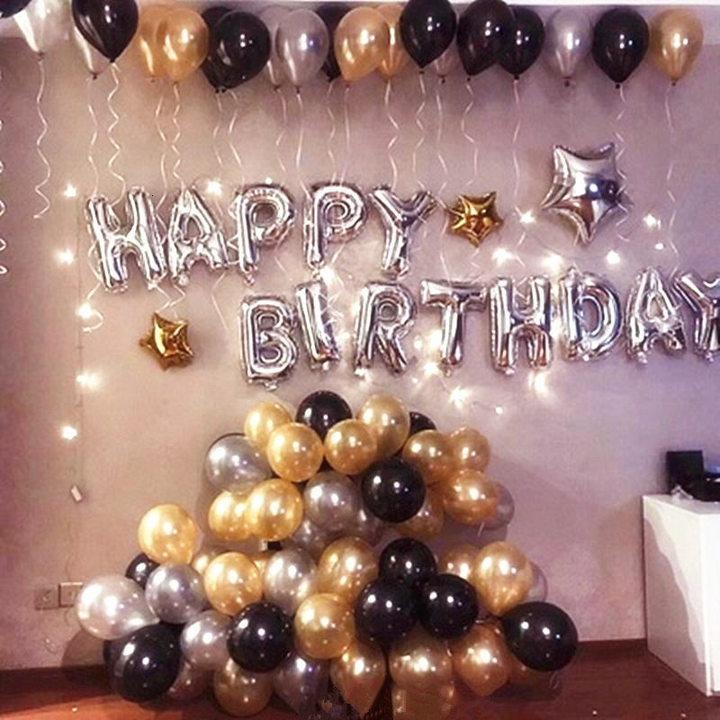 Silver Happy Birthday Letter Globos With Pearl Gold Black White