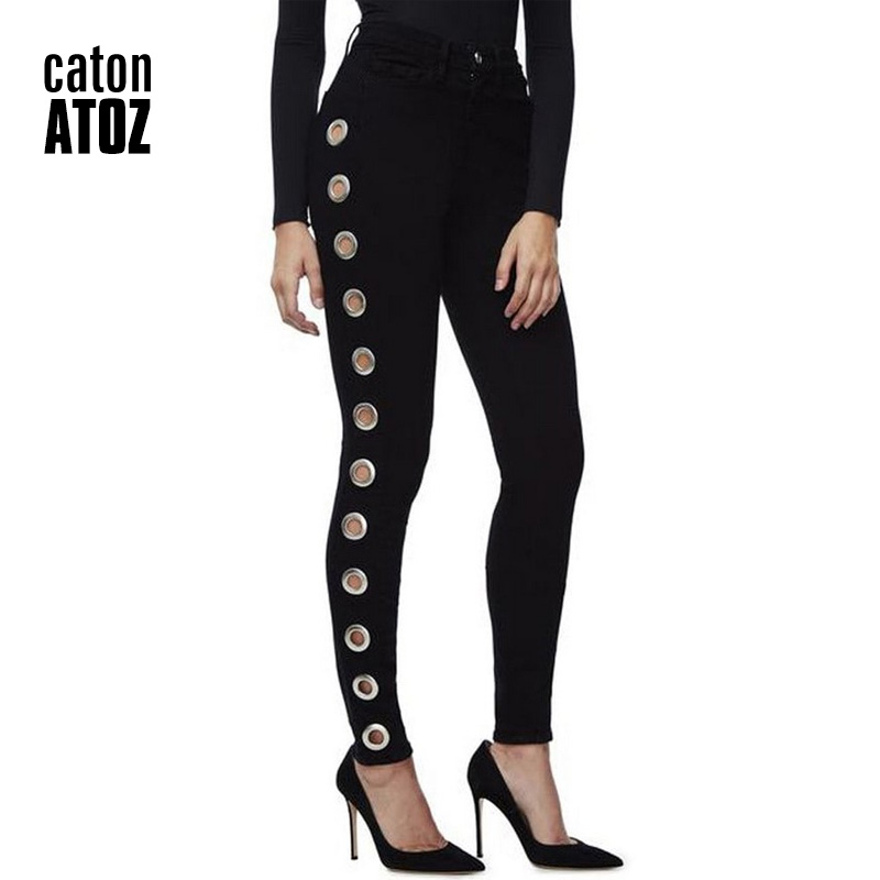 

catonATOZ 2167 High Street Side Eyelets Jeans Black Skinny Denim Jeans Women Pants Female For Woman