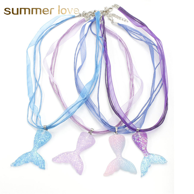 

2019 New Summer Beach Hand Mermaid Tail Yarn with Wax Rope Pendants Necklace for Women Fashion Colorful Resin Charms Necklace Jewelry Gift