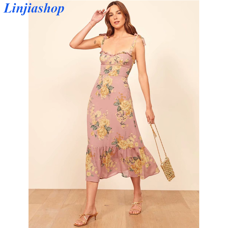 

Vintage elegant spaghetti straps ruffles midi dress women french chiffon pink floral print women dress female vestidos, As pic