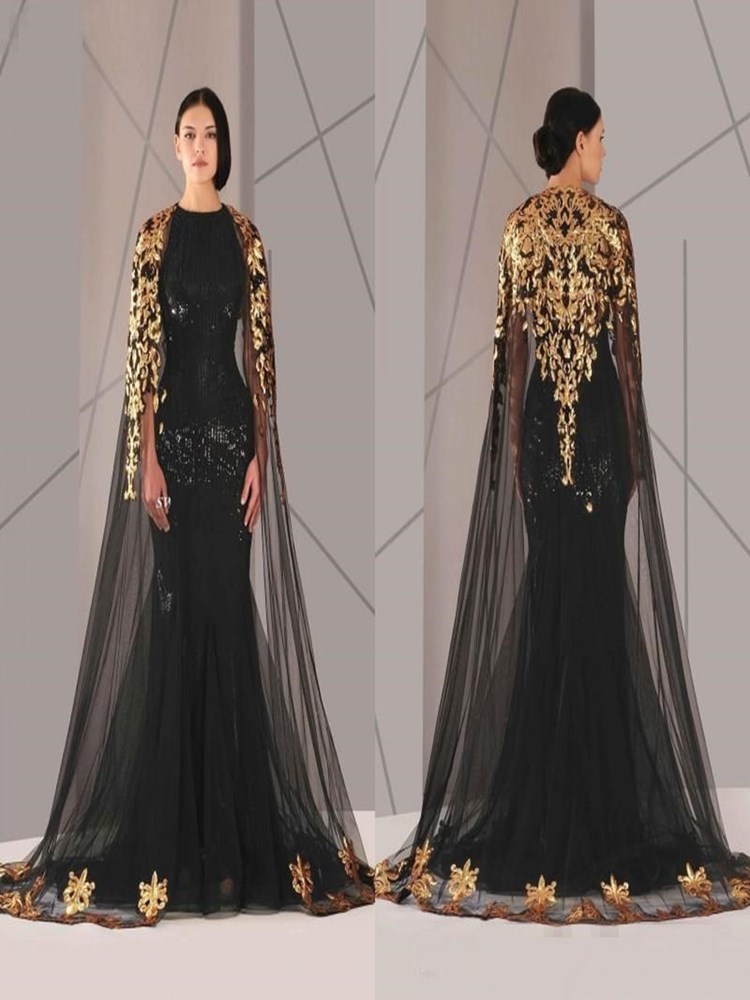

Arabic Formal Pageant Evening Dresses With Cloak Gold Lace Plus Size Black Sequined Vestidos De Novia Prom Occasion Gown, Same as picture