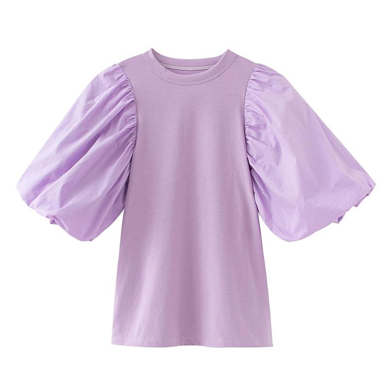 

2020 Summer Women' New French Retro Round Neck Bubble Short Sleeve Slim Wild Design T-shirt, Lavender