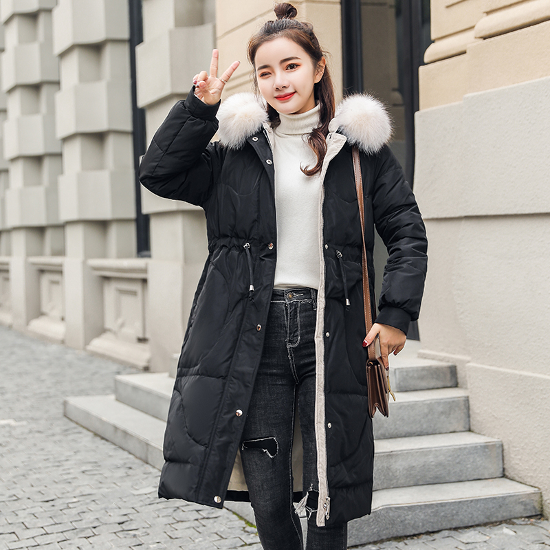 

thickening Mid-long Down Garment Straight type Zipper Down Coat Removable wool-collar Women Casual Dress Pure Color Garment, Beige