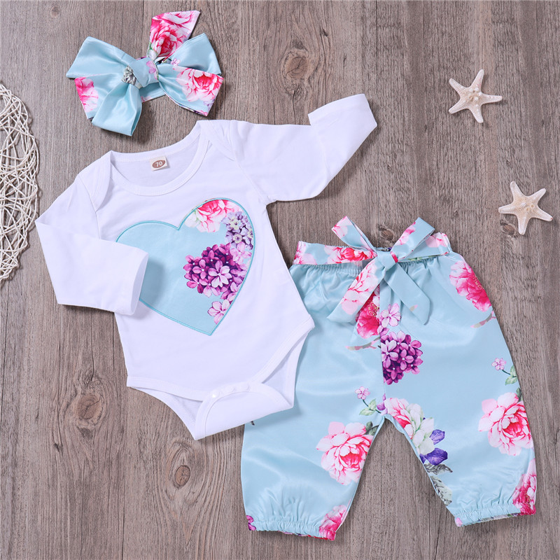 

PatPat Spring Autumn Cotton Casual Newborn Beautiful Floral Bodysuit and Pants and Bow Headband Set for Baby Girl Jumpsuit, Sky blue