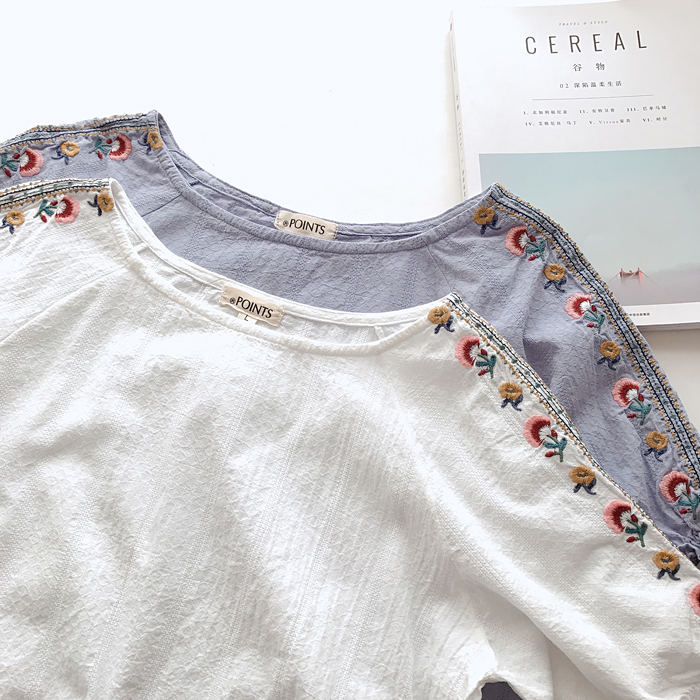 

Shoulder ethnic style embroidery o-neck short sleeve shirt woman, Blue