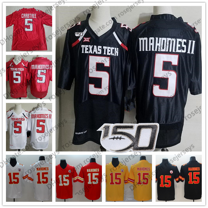 

NCAA TTU Texas Tech #5 Patrick Mahomes II Black Jersey Red 2019 CFB 150TH Kansas City White Michael Crabtree KC Yellow Men' Jerseys, 5 patrick mahomes ii black