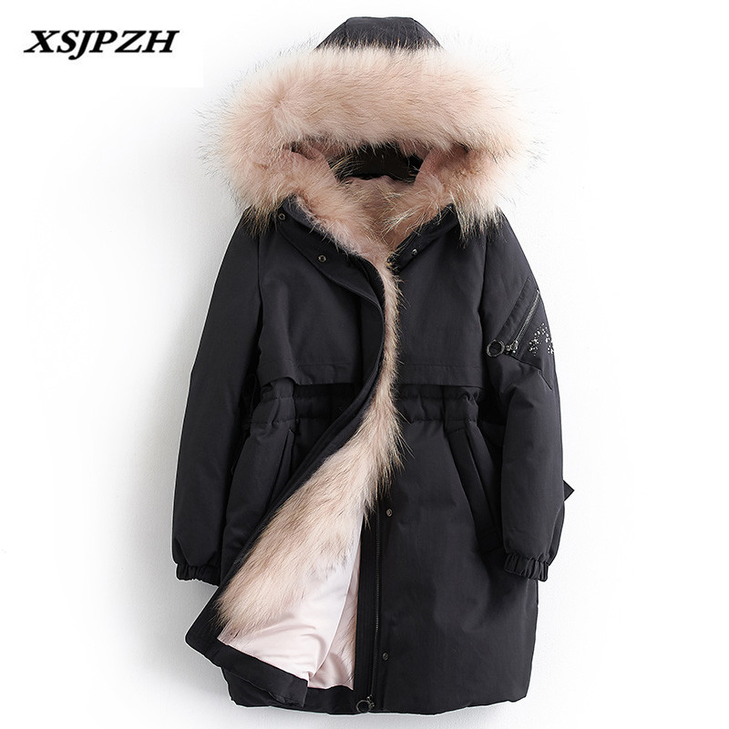 

2018 New Women' Winter Down Jacket Long Raccoon Fur Collar Hooded Outer Slim 100% White Duck Down Thick Warm Coat LB269, Black