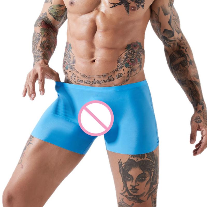 

Underwear Men Solid Ice Silk Seamless Boxer Shorts Pouch Soft Breathable Underpants Ultra-Thin Smooth Nylon Elastic #D, Black