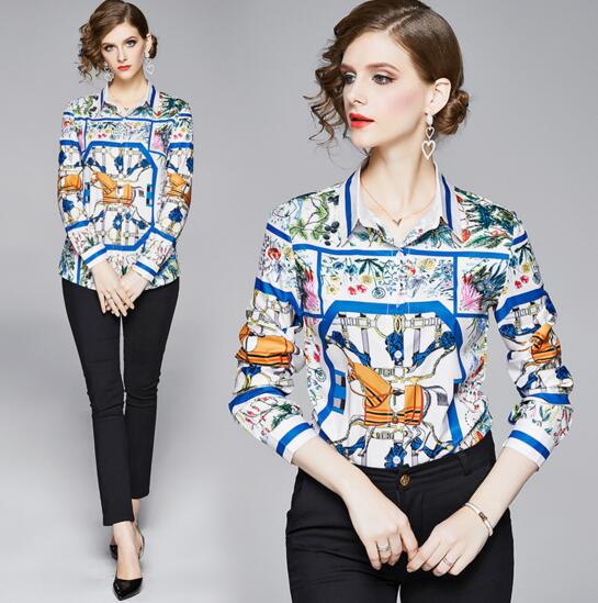 

Autumn and winter new fashion temperament Slim printed lapel long-sleeved shirt, As the picture