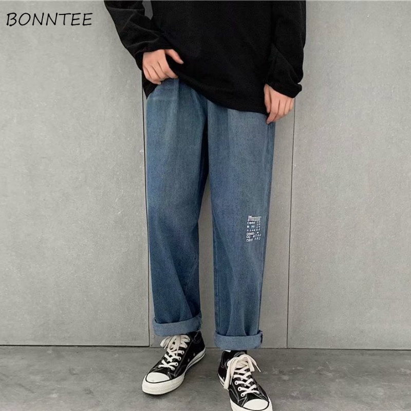 

Jeans Men Printed Chic Elastic Waist Korean Style Simple All-match Mens Ankle-length Plus Size 2XL Harajuku Straight Trousers, Blue