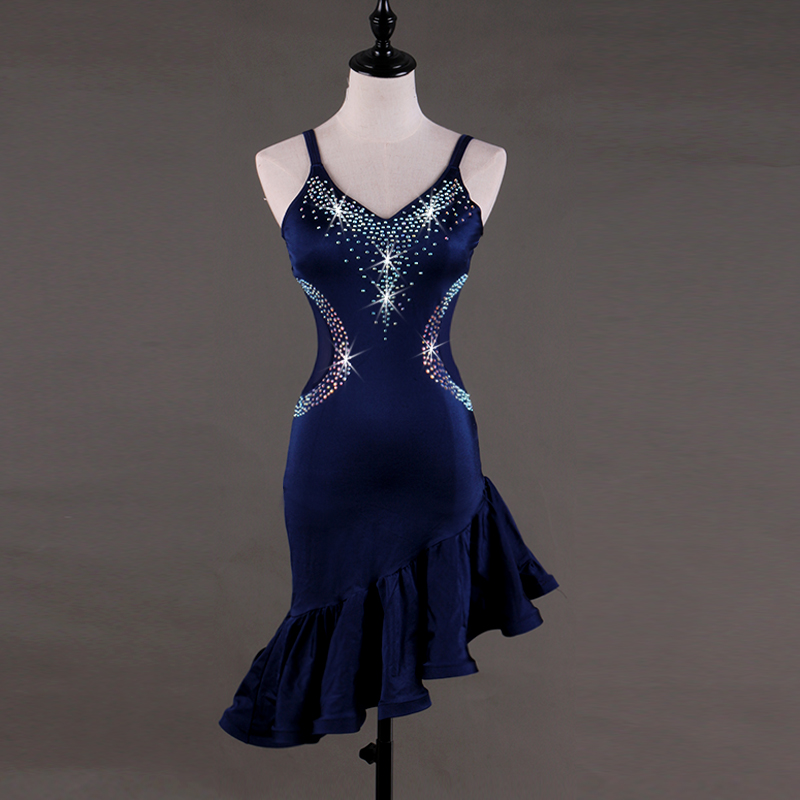 

Sexy Sling Latin Dance Dress Women High-end Rhinestone Rumba Latin Dance Performance Competition Clothing Can Be Customized, Blue