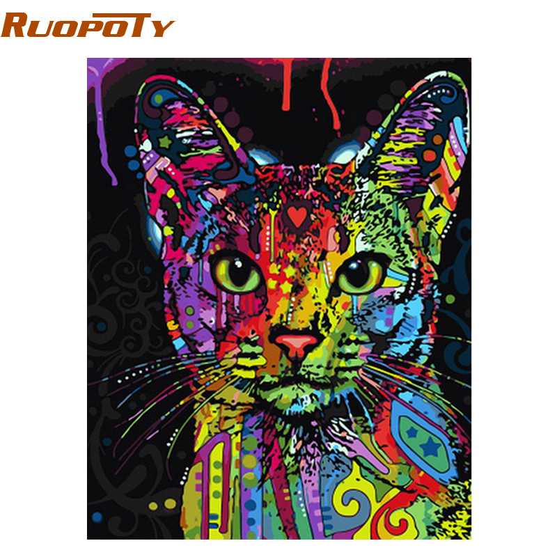 

RUOPOTY Colorful Cat DIY Painting By Numbers Abstract Modern Wall Art Picture Kits Coloring Painting By Numbers For Home Decor