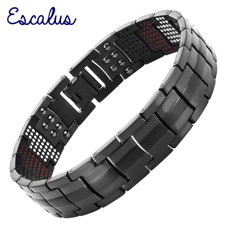 

Escalus Men's Black Pure Titanium Magnetic Bracelet For Men 4in1 Magnets Negative Ions Germanium Health Bracelets jewelry Y200107