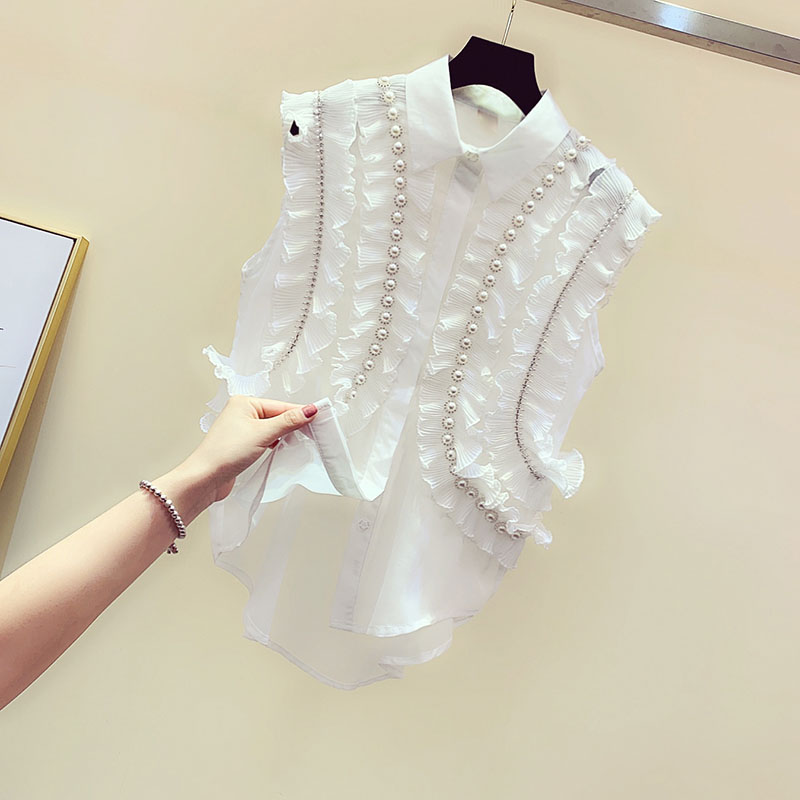 

2020 New Summer shirt fashion Casual Off Shoulder Ruffles Blouse Women Lapel Sleeveless Pearl Oversize Shirt Female Chiffon Top, White