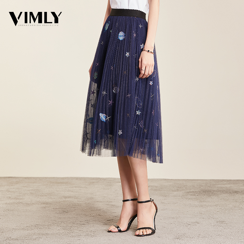

Vimly Mesh Midi Pleated Women Skirt Romantic Sequin Embroidery Tulle Midi Skirt Women Spring Summer Korean Elastic Waist Skirts, Navy blue