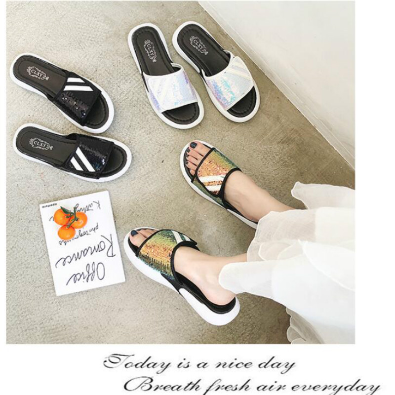 

Sandals and slippers female summer wear 2019 new wild Brown sequins slippers female students casual beach shoes, Blue