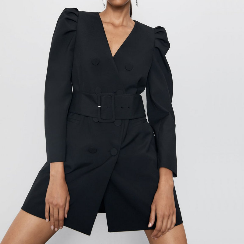 

2020 New Autumn Winter Women Fashion Long Puff Sleeve Mini Blazer Dresses Office Ladies V-Neck Elegant Sashes Dress with Belt, 3005r black