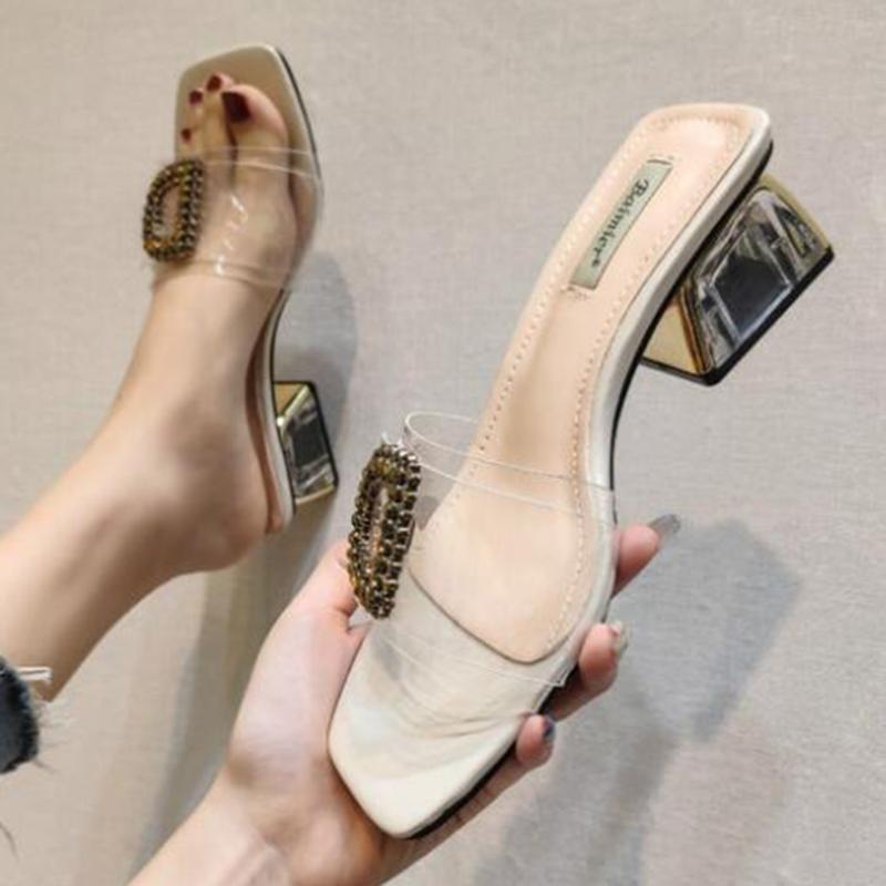 

New Women Slipper Summer Fashion casual Low Heel Women Beach Slippers Female Transparent Sandals Square Toe Slides sh443, Beige