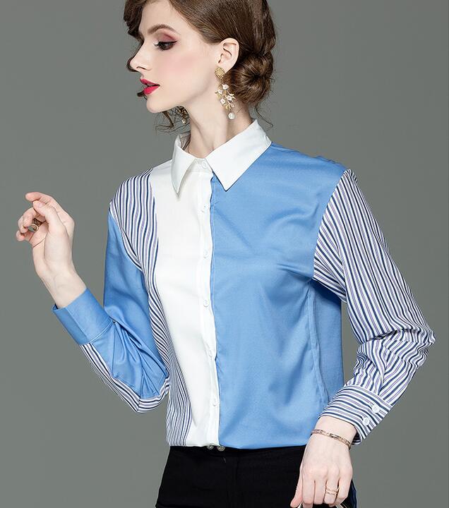 

Lapel blue and white stripes stitching long sleeves spring summer shirts lapel neck fashion ladies shirts, Multi