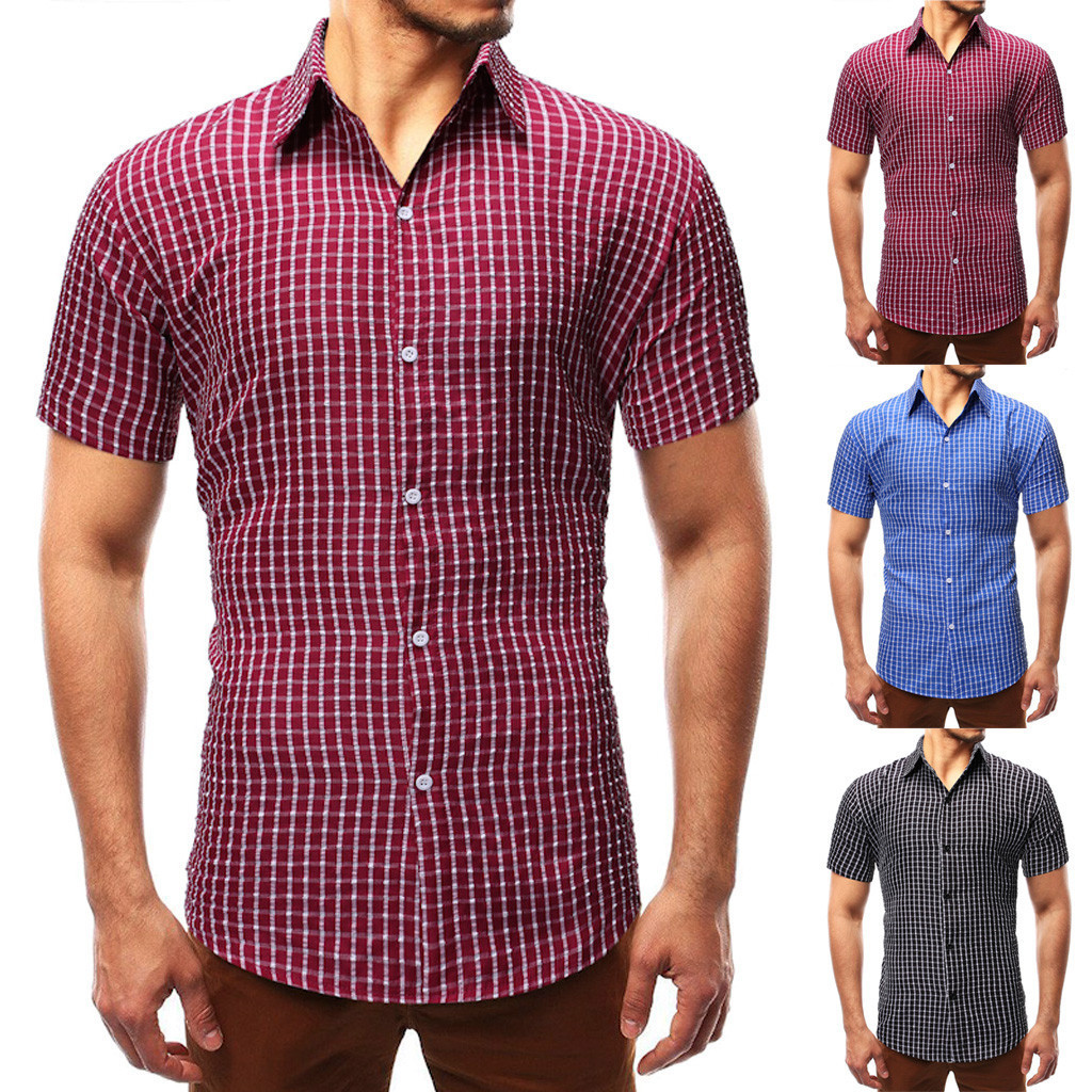 

New Fashion Men's Luxury Stylish Casual Fashion Men's Summer Slim Casual Plaid Button Short-sleeved Shirt Top Blouse -2XL sales, Black