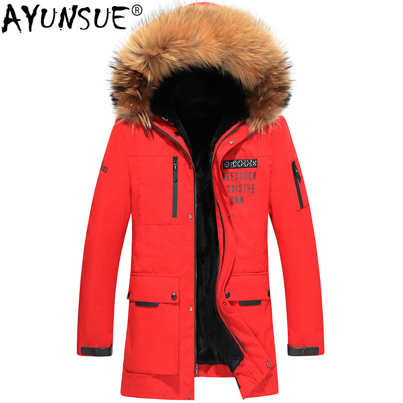 

AYUNSUE Winter Jacket Men Parka Real Fur Liner Long Coat Padding Raccoon Fur Collar Hooded Parkas Hombre Invierno KJ1352, Red