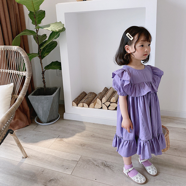 

Summer Girl's Princess Dress Purple Sweet Ruffle O-Neck Collar Puff Sleeve Children Dress for Party and Wedding, Zs