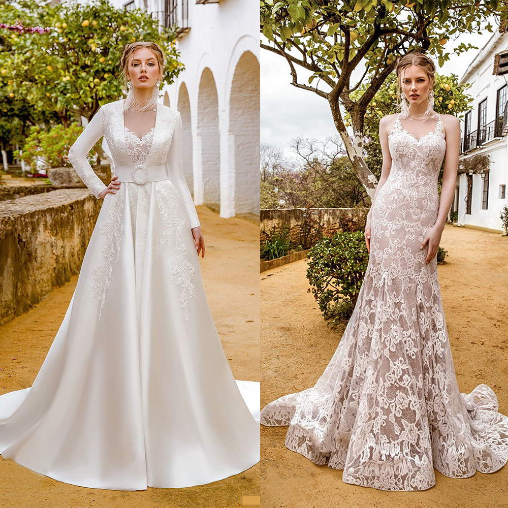 Robes De Mariée Florales Deux Pièces Chérie Dentelle Appliqued Robe De Mariée Élégante A-ligne Pas Cher Balayage Train Custom Made Robes De Mari￩