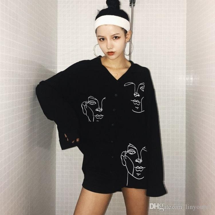 

2020 New Summer Blouse Shirt Female Cotton Face Printing Full Sleeve Long Shirts Women Tops Ladies Clothing, White