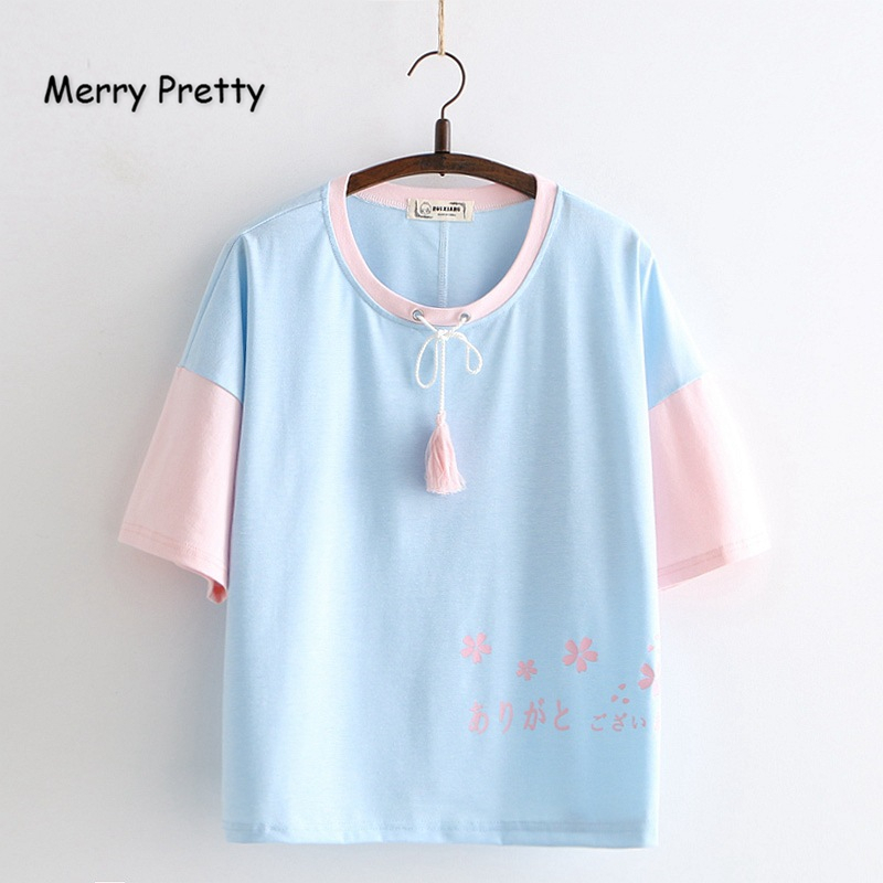 

Merry Pretty Cotton Women's Cartoon Print Patchwork T Shirts 2020 Half Sleeve O-Neck Lace Up T Shirt Femme Sweet Style Shirt, Blue