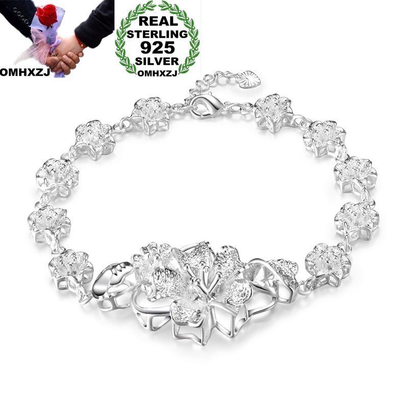 

OMHXZJ Wholesale Personality Fashion Woman Girl Party Wedding Gift Silver Flowers Chain Thick 925 Sterling Silver Bracelet BR86