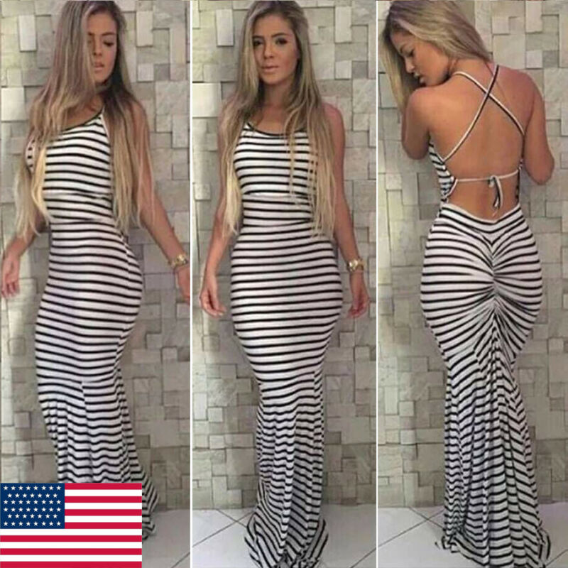 

New Women Summer Sexy Striped Slim Dress Off Shoulder Casual Bandage Bodycon Evening Party Long Maxi Dress Skinny, As pic