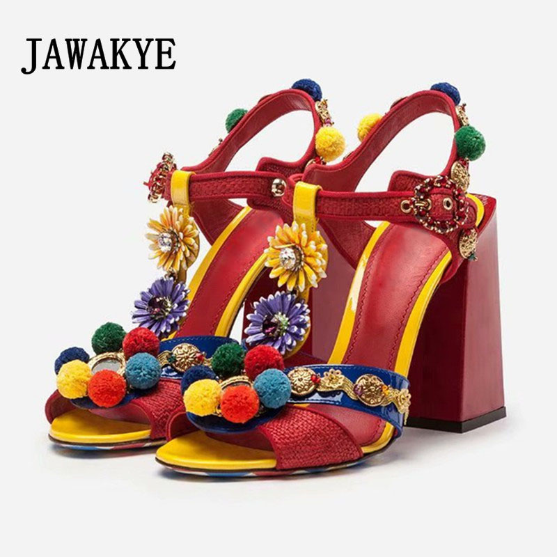 

Runway Bohemian red Pom-Pom Sandals Women Chunky bock High Heels Sandals Summer T Strap Flower Party Shoes Woman Wedding sandal