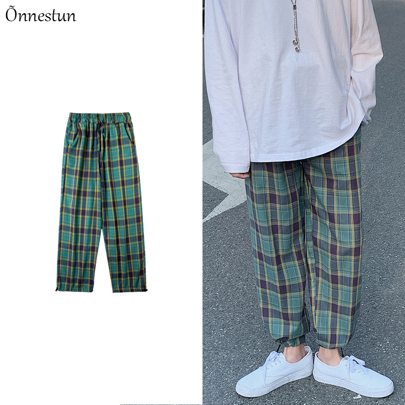 

Onnestun Plaid Pants Men New Causal Lattice Joggers Hip Hop Trousers Fashion Men Cargo Pants Harajuku Streetwear, Green
