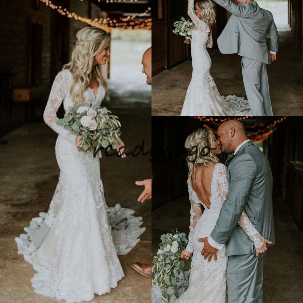 

Vintage Backless Mermaid Wedding Dresses 2020 Full Lace V-neck Illusion Long Sleeve Trumpet Western Country Bride Wedding Gown, White