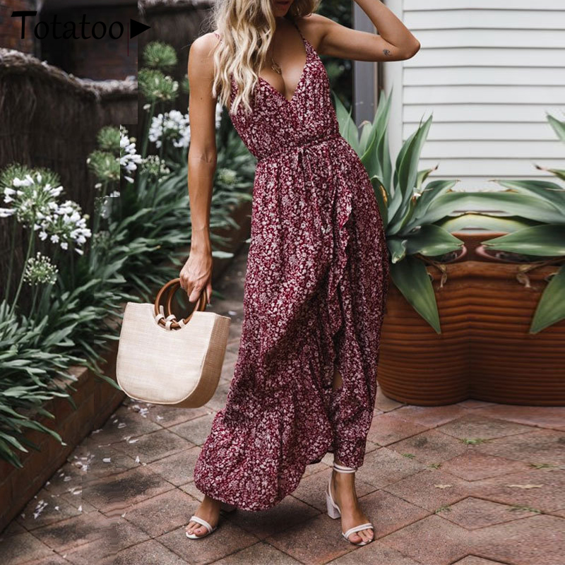 

Totatoop Spaghetti Strap Beach Long Dress Bohemian Ruffles Split Ruffles Wrap Dress Women Summer Maxi Dresses Plus Size 3XL, Dark blue