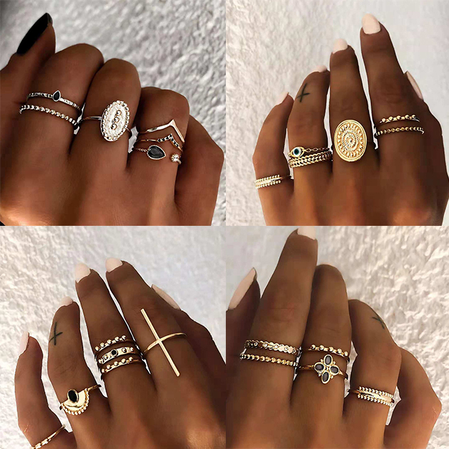 

5PCS Big Moon Boho knuckle Rings for Women Turkish Vintage Jewelry Black Resin Gold Geometric Midi Finger Ring Set, Silver