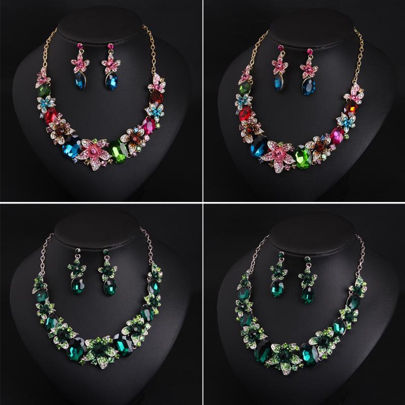 

Women Colorful Flowers Bridal Jewelry Sets Wedding Bib Choker Chain Necklace Earrings Cocktail Party Costume Crystal Jewellery, As pic