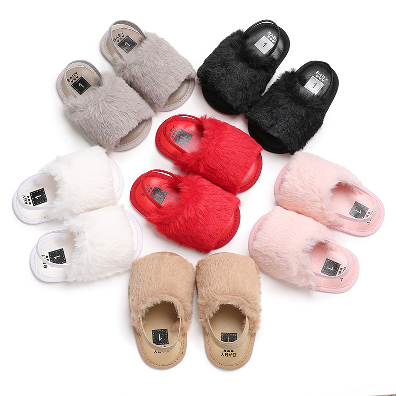 

Baby Fur Sandals Baby Slippers Fashion Soft Leather Elastic Band Silicone Antiskid Shoe Kids Top Quality Solid Summer Shaggy Shoes, Choose color or random