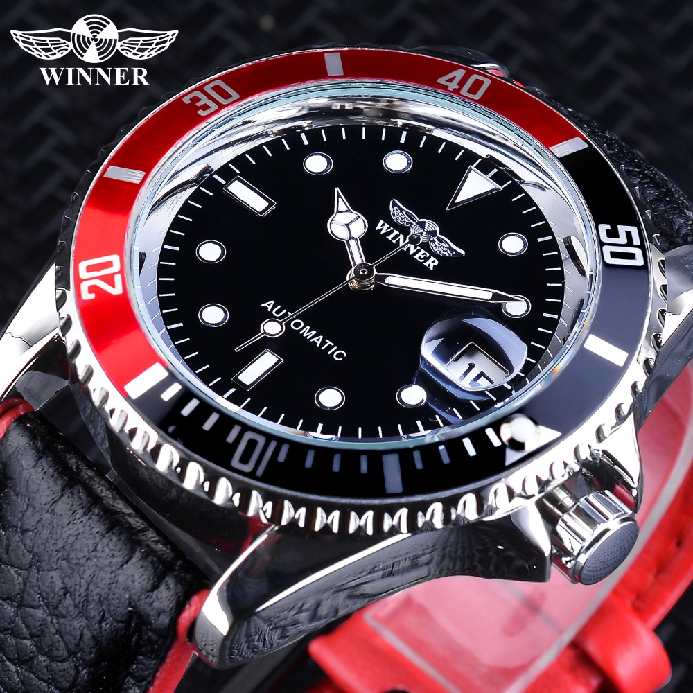 

Winner 2018 Fashion Black Red Sport Watches Calendar Display Automatic Self-wind Watches for Men Luminous Hands Genuine Leather, Slivery;brown