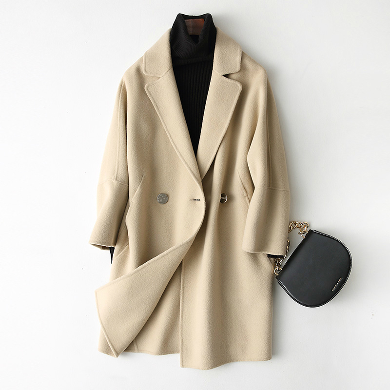 

New Spring 2020 Double-sided Wool Coat Women Woolen Coats Casual Winter Female Jacket Slim Medium Long Outerwear 88102 en, Beige