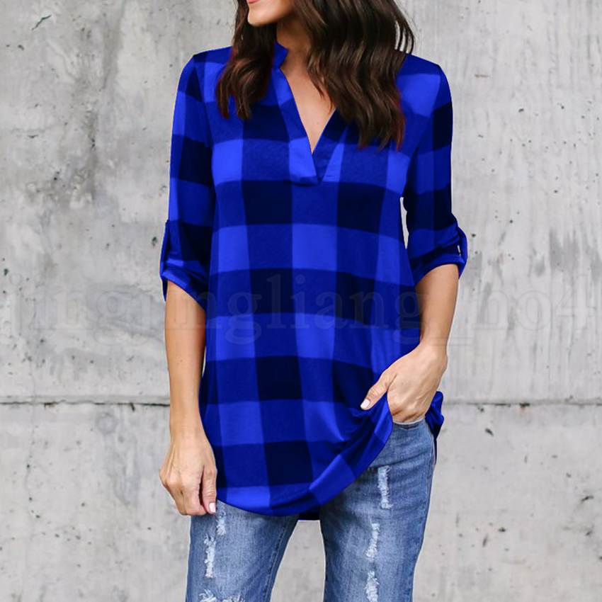 

Women V Neck Plaid Shirts Check Blouses Tops Roll-up Sleeve Irregular Patchwork Loose Tunic Shirt Outerwear Home Clothing 20pcs OOA6409