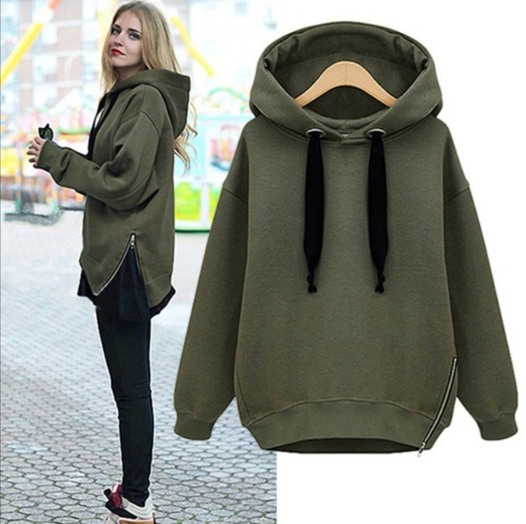 

Poleron Mujer Hoodies Women Warm Sweatshirts Green Side Zipper Hooded Long Sleeve Plain Hoodie Pullover hot