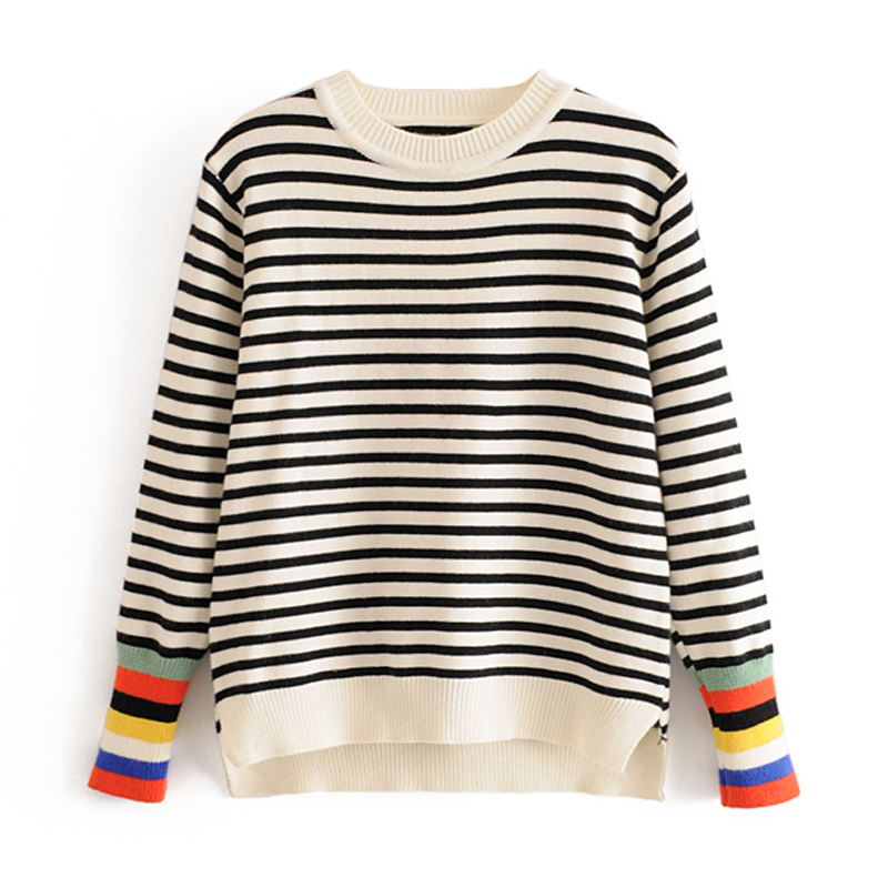 

Women's Winter Autumn Long Sleeve Sweater 2019 Female O-Neck Knitted Striped Rainbow Knitted Pullover Ladies Casual Fashion Top, As picture