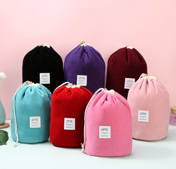 

DHL 50pcs Barrel Shaped Cosmetic Bag Women Corduroy Plain Blank High Capacity Drawstring Wash Bags, As photos