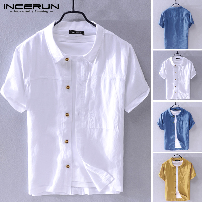 2020 Men Shirt Turn-down Collar Solid Casual Button Short Sleeve Streetwear Camisas Hombre Cotton Shirts Harajuku INCERUN S-5XL