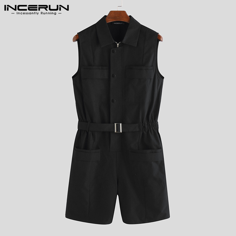 

Summer Fashion Men Overalls Sleeveless Jumpsuit 2020 Solid Multi-Pockets Streetwear Rompers Punk Mens Trousers With Belt INCERUN, Black